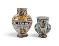 Two Italian maiolica apothecary syrup or oil jars, late 17th century, one painted with polychrome fr