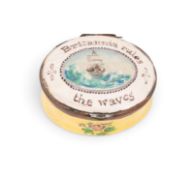 An English enamel patch box of naval or maritime interest, c.1770-80, the top painted with a ship at