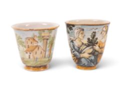A Castelli maiolica cup and a beaker, c.1740, the cup probably painted by a member of the Grue famil