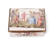A rare Birmingham rectangular snuff box, c.1758-65, printed and hand-coloured with a couple dancing 