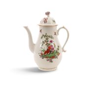 A Worcester coffee pot and cover, c.1765-70, the baluster body painted with a large exotic bird bene