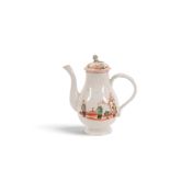 A Bristol coffee pot and cover, c.1772-75, the baluster body painted with Chinese figures standing b