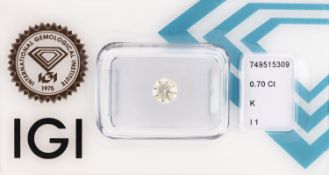 Loser Brillant, 0.70 ct get. Weiß(K)/p1, eingeschweißt,