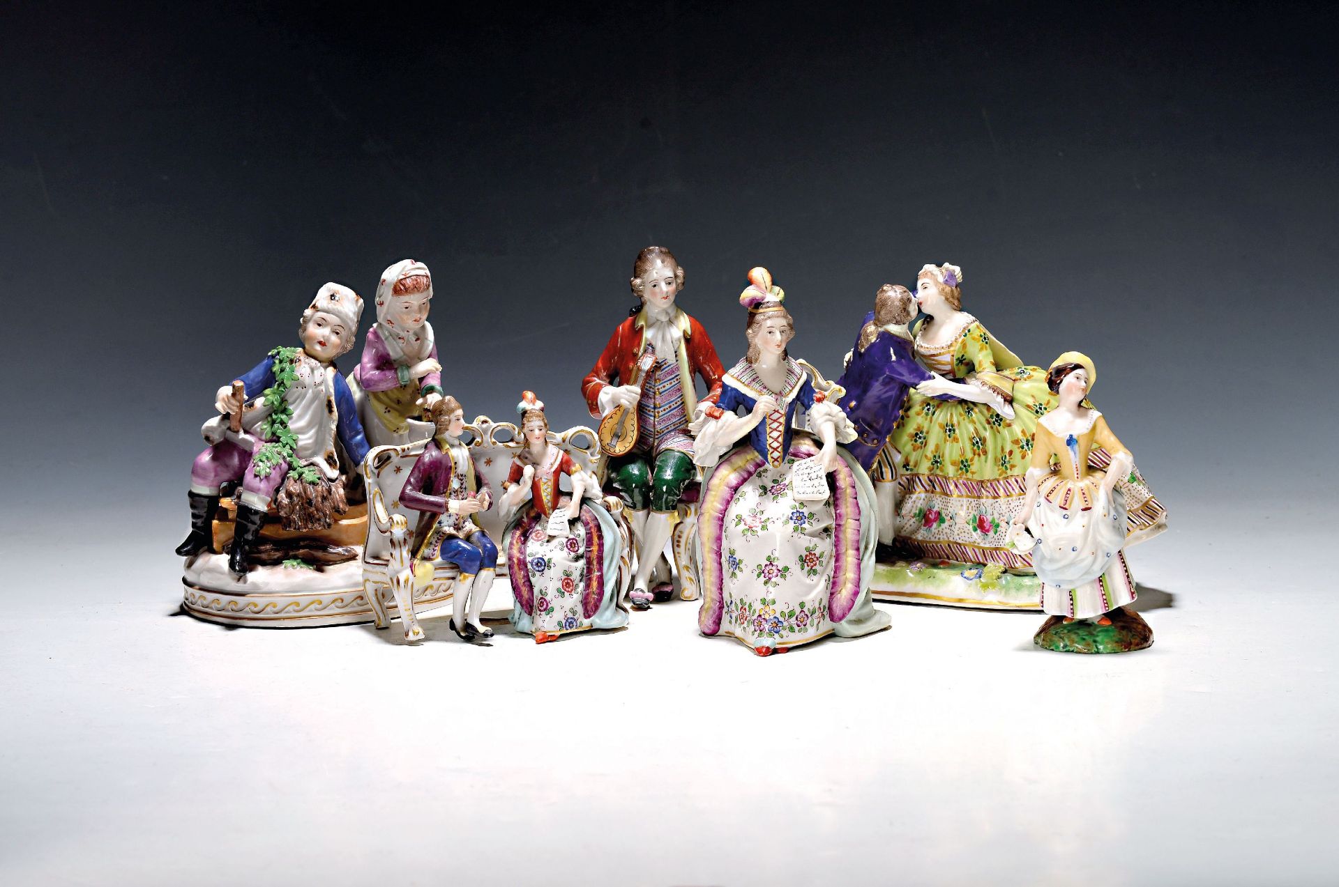 7 Porzellanfiguren, um 1900, Wien, mit Bindenschildmarken: