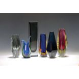 6 Murano-Vasen, Italien, 60/70er Jahre, Kristallglas,