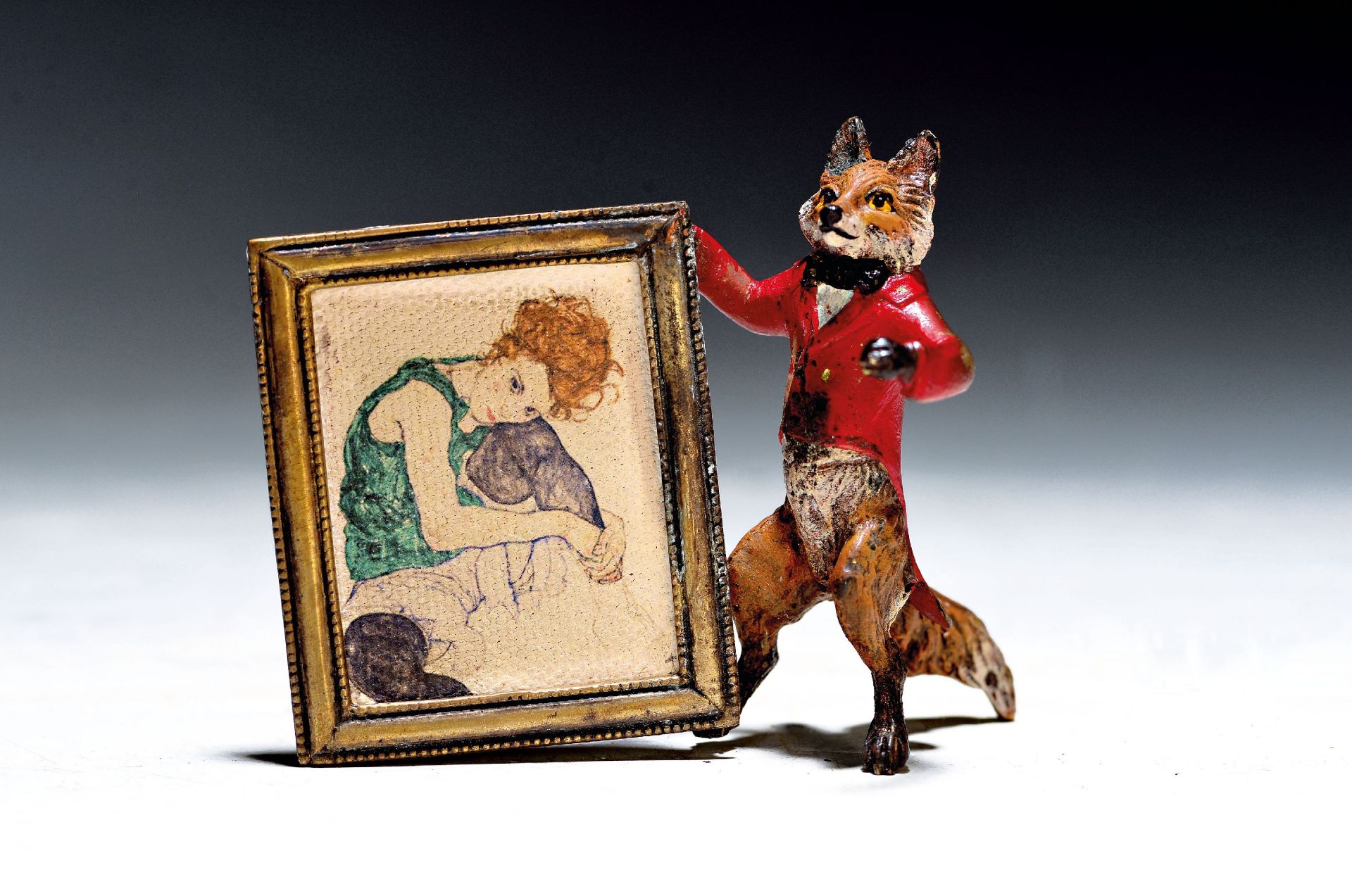 Fuchsmaler mit Bild nach Egon Schiele, Wiener Bronze,