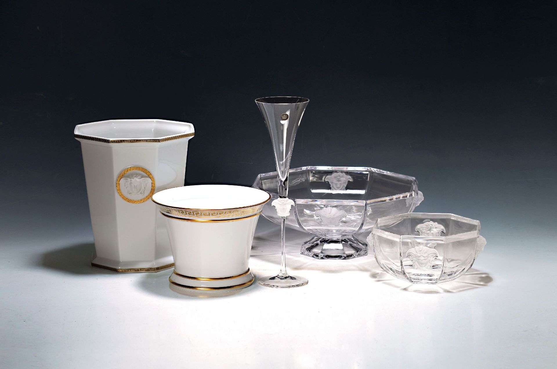 5 Teile, Gorgona, Versace, Rosenthal, große 8-eckige Vase