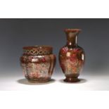 Vase und Übertopf, Zsolnay, Ungarn, Keramik, braungrundig,