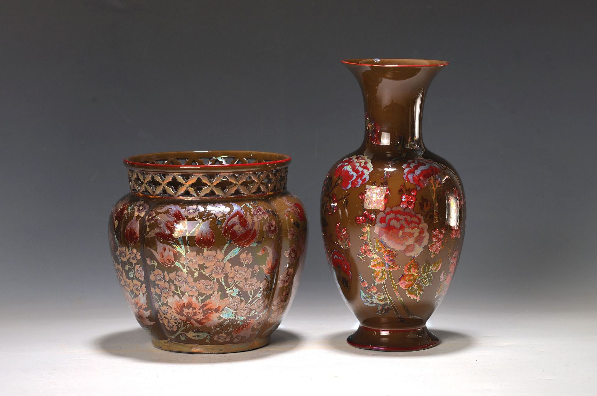 Vase und Übertopf, Zsolnay, Ungarn, Keramik, braungrundig,