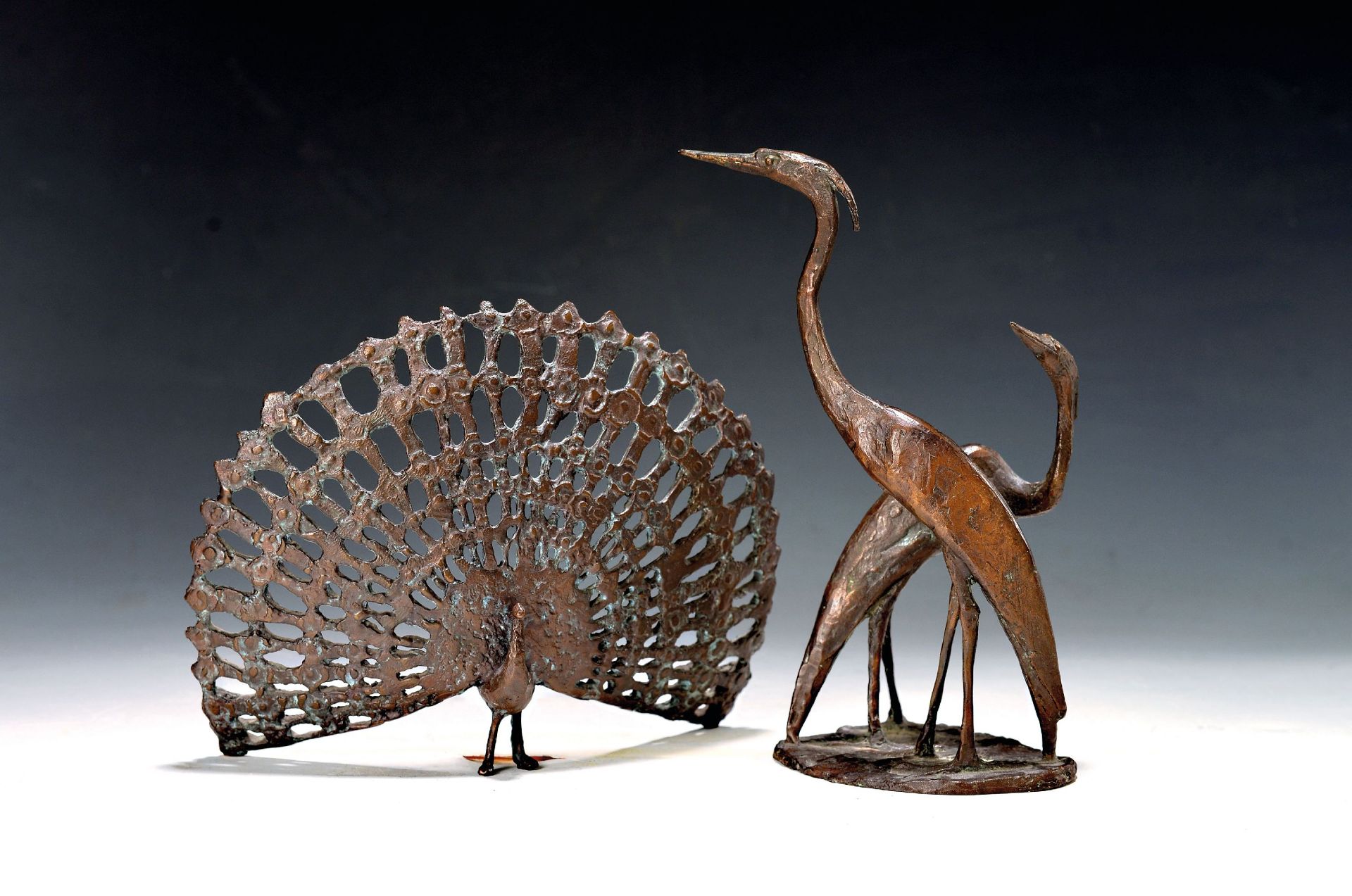Zwei Bronzefiguren, 20. Jh., Zwei Reiher, Fritz Mehlis, H.