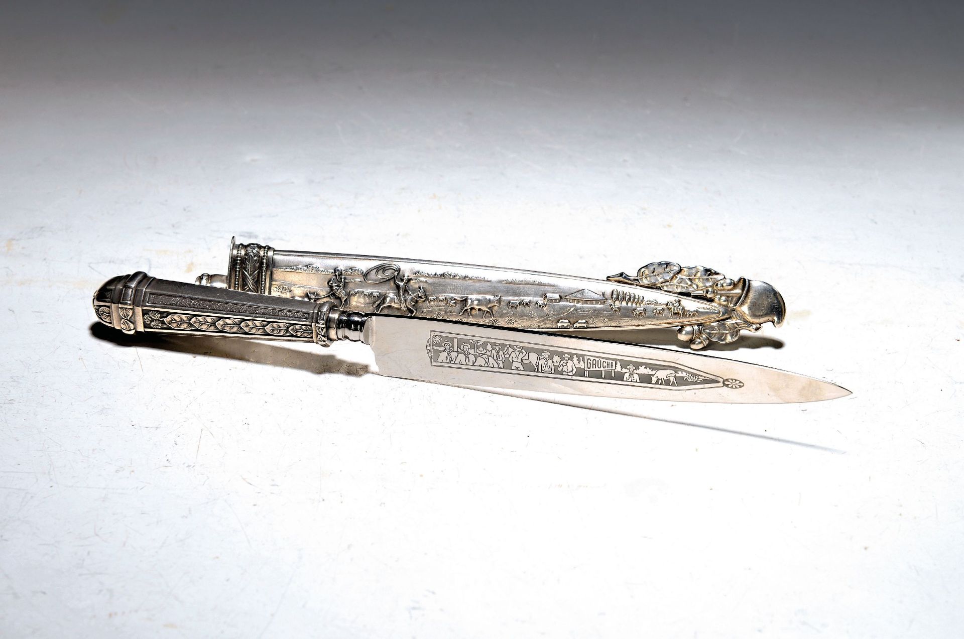 Jagdmesser, 20. Jh., Scheide Silber geprüft, Stahlklinge,