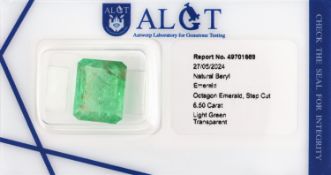 Loser Smaragd, ca. 6.50 ct, Emerald Cut, ca. 13.28 x 10.63