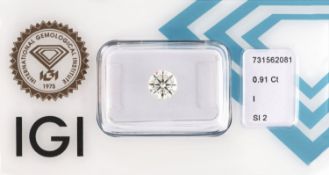 Loser Brillant, 0.91 ct l.get.Weiß(I)/si2, eingeschweißt,