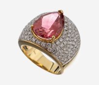 18 kt Gold Rubellit-Brillant-Ring, GG 750/000, facett.