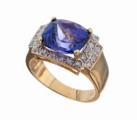 14 kt Gold Tansanit-Brillant-Ring, GG 585/000, mittig