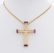 18 kt Gold Amethyst-Diamant-Kreuzanhänger, GG 750/000,