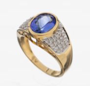 14 kt Gold Tansanit-Brillant-Ring, GG 585/000, ovalfacett.