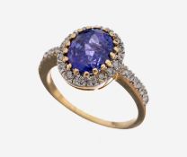 14 kt Gold Tansanit-Brillant-Ring, GG 585/000 gepr.,