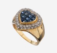 14 kt Gold Saphir-Brillant-Ring, GG 585/000, herzf.