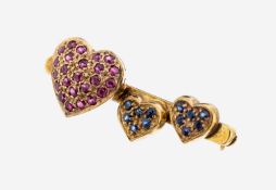 14 kt Gold Rubin-Saphir-Brosche, GG 585/000, Herze mit 26