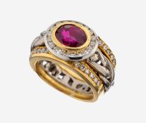 18 kt Gold und Platin Rubin-Brillant-Ring, GG 750/000 und