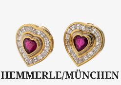 Paar 18 kt Gold Rubin-Brillant-Ohrstecker, GG 750/000,