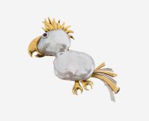 18 kt Gold und Platin Perl-Rubin-Brosche, GG 750/000 und