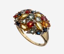 14 kt Gold Saphir-Brillant-Ring, GG 585/000, bunte Saphire