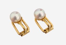 Paar 18 kt Gold Perl-Ohrclips, GG 750/000, schlicht, 2
