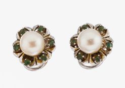Paar 14 kt Gold Perl-Smaragd-Ohrclips, WG 585/000,