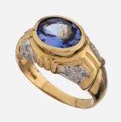 14 kt Gold Tansanit-Brillant-Ring, GG 585/000, ovalfacett.