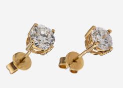 Paar 14 kt Gold Diamant-Ohrstecker, GG 585/000, 1 Brillant