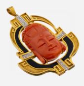14 kt Gold Korallen-Brillant-Onyx-Anhänger, GG/WG 585/000,