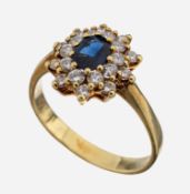 14 kt Gold Saphir-Brillant-Ring, GG 585/000, mittig
