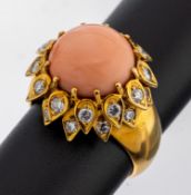 18 kt Gold Korallen-Diamant-Ring, GG 750/000, blütenf.