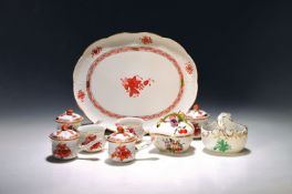 9 Teile Herend Porzellan: Apponyi eisenrot: ovale Platte,