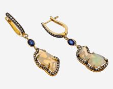 Paar Opal-Saphir-Diamant-Ohrhänger, 925er Silber