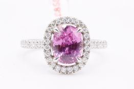 Natural 0.48ct Diamond and 2.51ct Pink Sapphire Halo Ring F VS Cushion & Round Brilliant - Platinum
