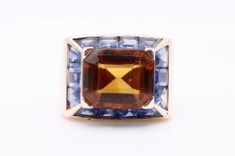 4.00ct Sapphire & 5.40ct Citrine French Ring Circa 1950 -18kt Rose Gold