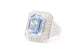 Natural 5.00ct Diamond and 6.18ct Aquamarine Ring G VS2 Emerald and Round- 18kt Brilliant White Gold