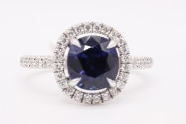 Natural 0.44ct Diamond & 2.51ct Sapphire Halo Ring F VS Cushion & Round Brilliant - 18kt White Gold