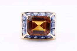 4.00ct Sapphire & 5.40ct Citrine French Ring Circa 1950 -18kt Rose Gold