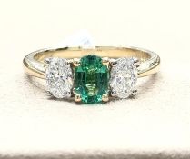 18ct Yellow Gold and Platinum Emerald and Certificated Diamond Ring