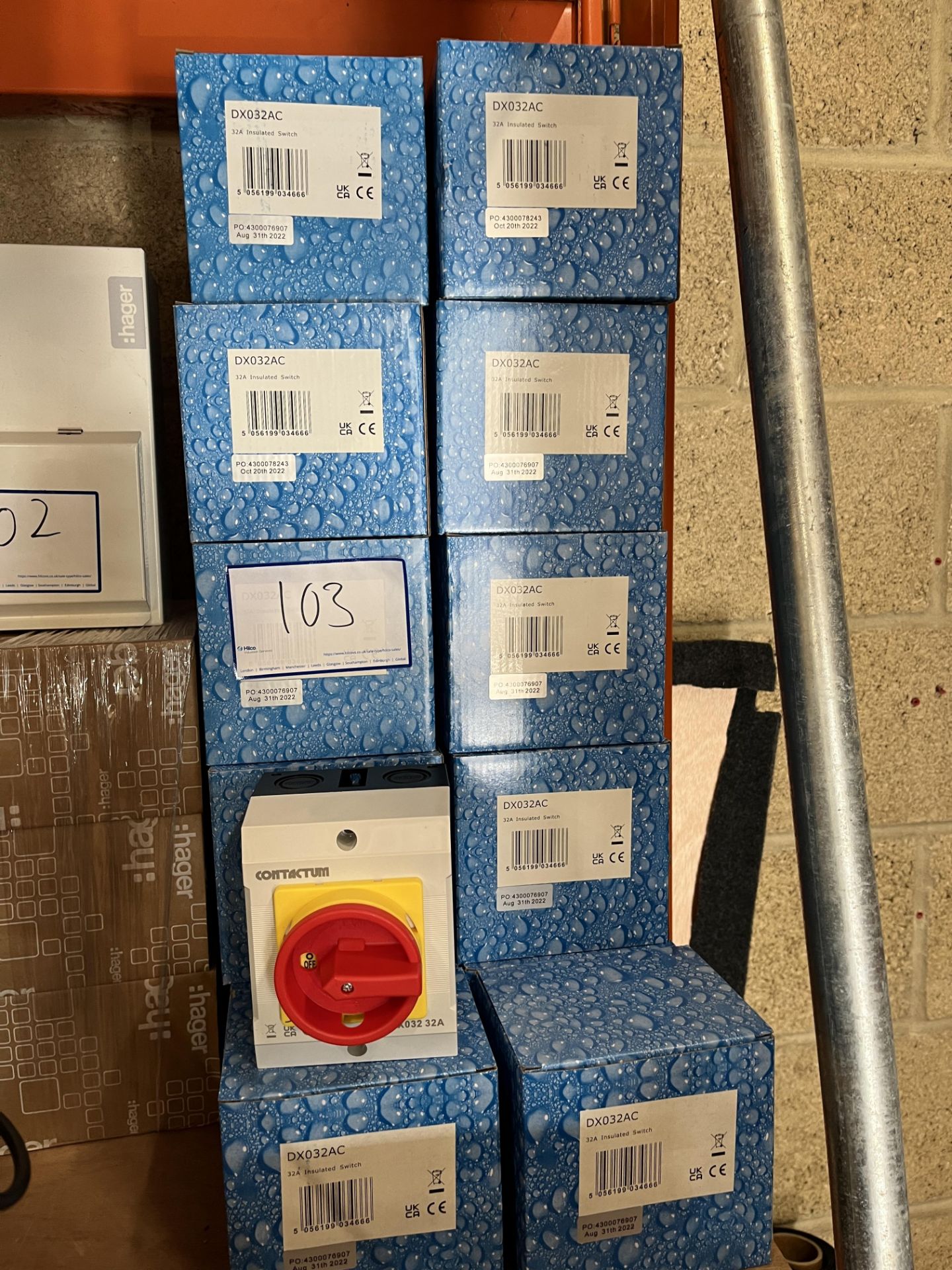 32 x Contactum DX032AC 32A Insulated Switches. LOCATION: Overton
