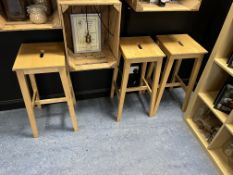 3 x Wooden Stools and 5 x High Wooden Bar Stools/Chairs; c/w Wooden High Table/Counter