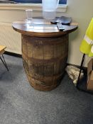 Round Wooden Rustic Beer Barrel Table and 3 x Decorative Rustic Beer/Whisky Barrels
