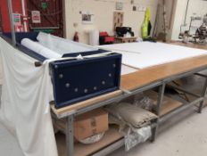 1, Manual Fabric Roller Complete with 10m Wooden Cutting Table . Asset No. BEL 337