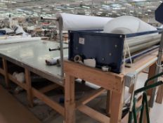 1, Manual Fabric Roller Complete with 10m Wooden Cutting Table . Asset No. BEL N/A