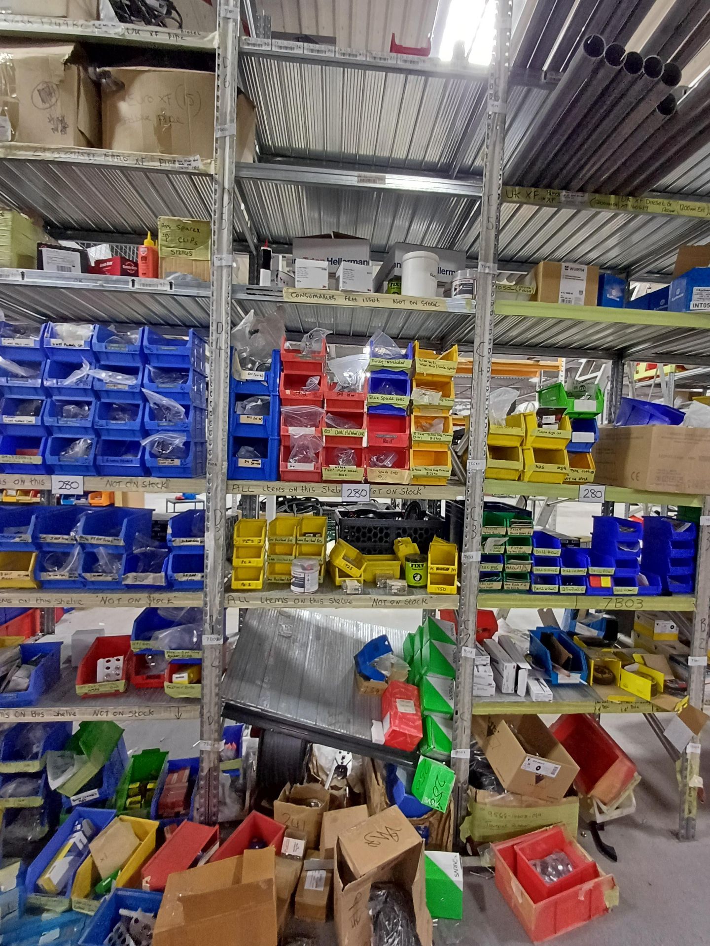 5, Bays of shelving to include contents consisting assorted fixings, drills, electrical spares and - Image 3 of 5