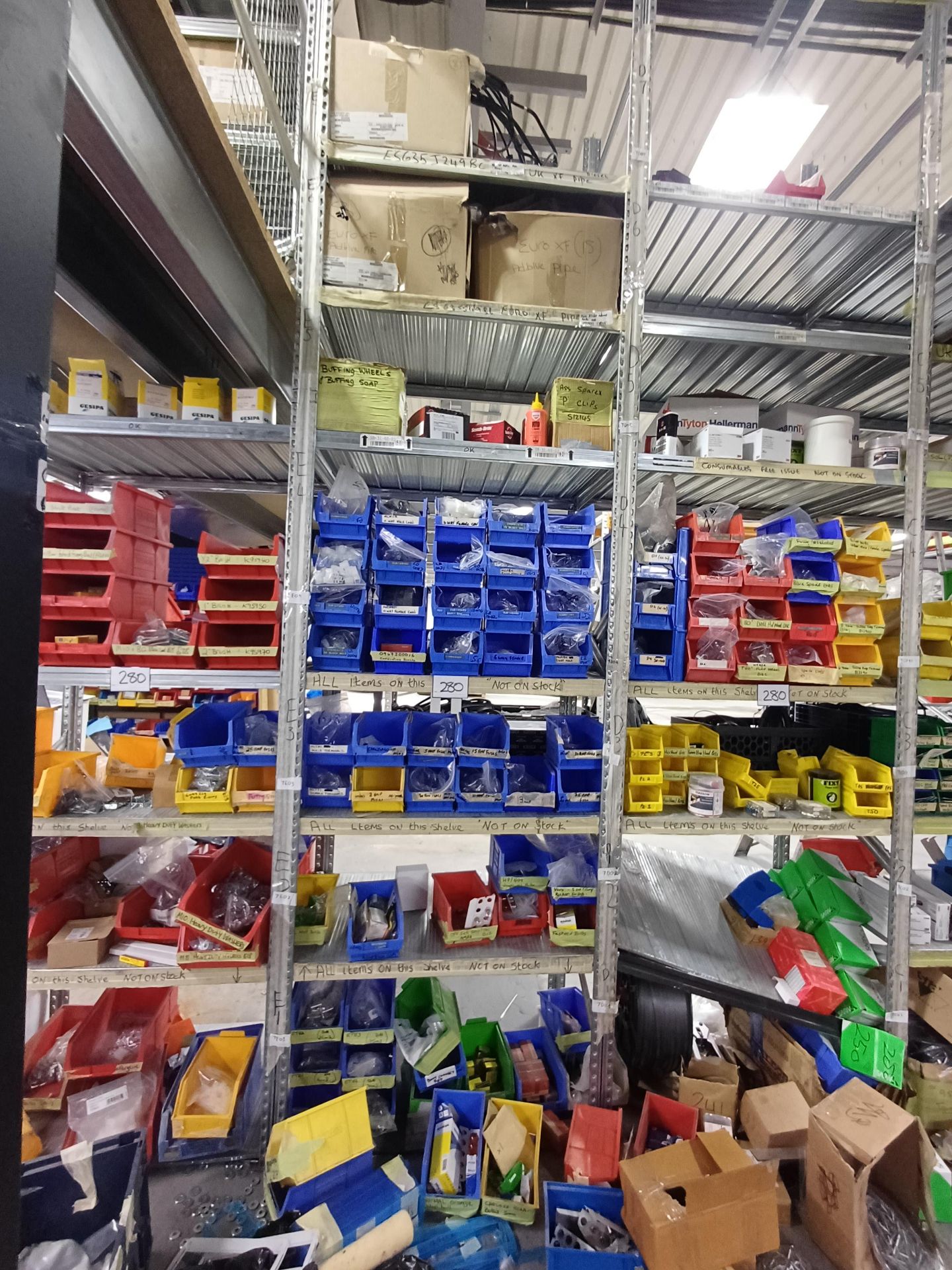 5, Bays of shelving to include contents consisting assorted fixings, drills, electrical spares and - Image 2 of 5
